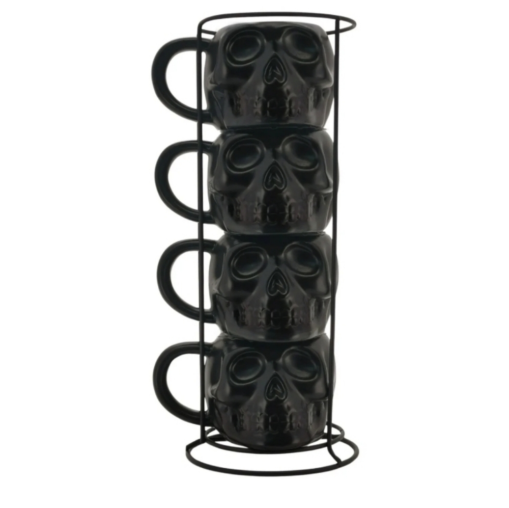Black Skull Mug Set with Stand